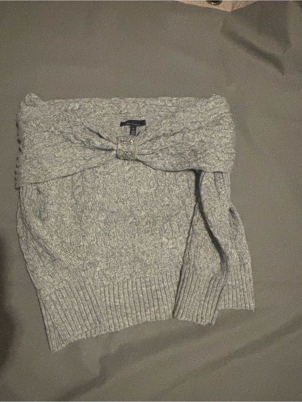 White House Black Market Heather Gray Cable Off-the-Shoulder Sweater with Bow